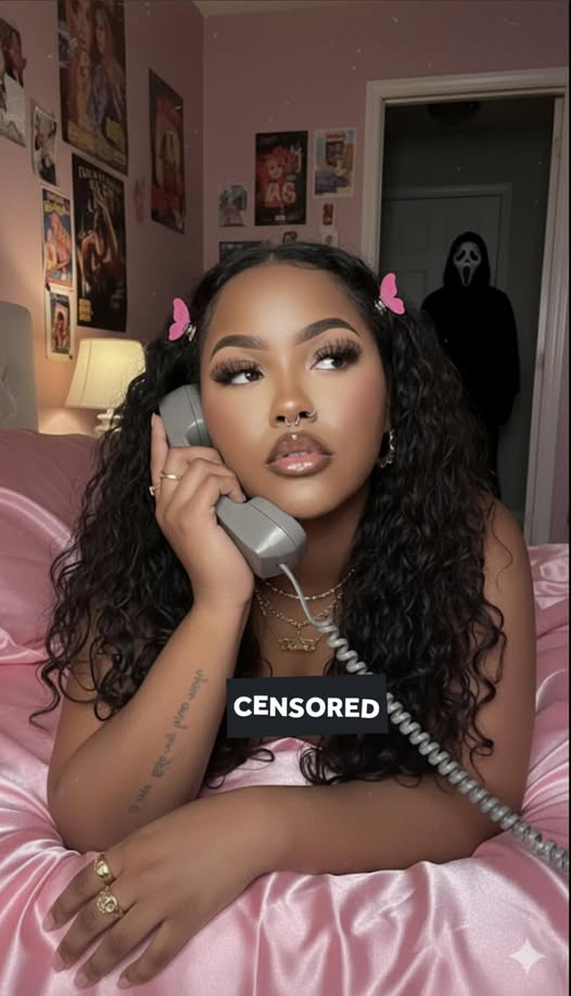 Create a photo of me in a dreamy y2k style portrait of me laying on a shiny pink satin bedding as i hold a large 90s style chorded phone and in a thoughtful daydreaming pose her long black hair falls freely in loose curls with pink clips on each side. she wears delicate jewelry including dainty gold necklaces and accessories and gold chunky rings. the room behind her is girly and daydreamy with 90s posters. her makeup is simple yet glamorous with brown lipgloss and brown lip liner. the photo should have a grainy 90s style to it with a light source like a lamp in a dimly lit room at night. the ghostface killer should be behind her staring at her, his body should be dimly lit, and he should be standing in the doorway of a dimly hallway. the background behind he should be slightly dark and ominous.